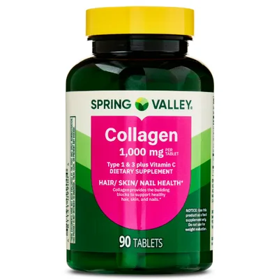 Spring Valley Collagen Type 1 & 3 Plus Vitamin C Tablets for Hair/Skin/Nails, 1,000 mg