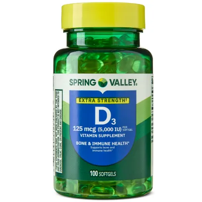 Spring Valley Extra Strength Vitamin D3 Softgels, 125 mcg (5000 IU)