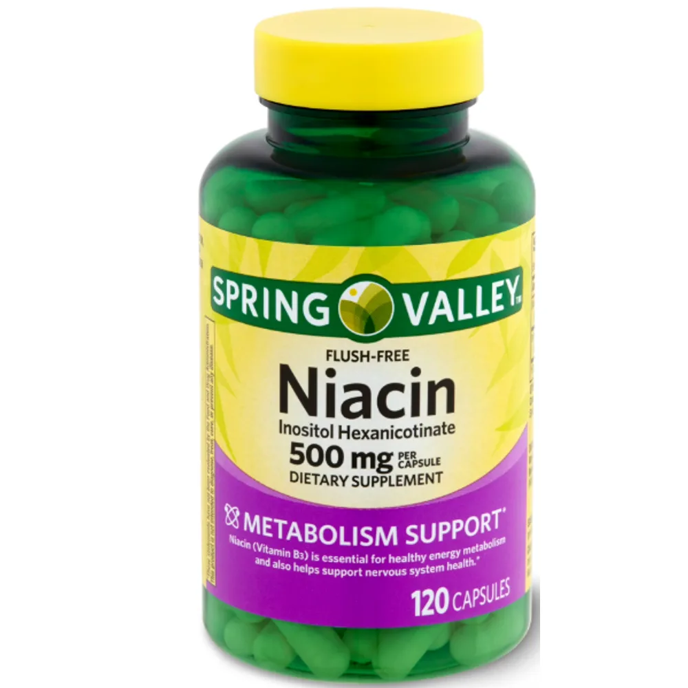 Spring Valley Flush Free Niacin Dietary Supplement Capsules for Metabolism Support, 500 mg