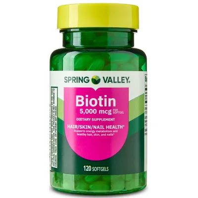 Spring Valley Biotin Dietary Supplement Softgels for Hair/Skin/Nails Health, 5,000 mcg