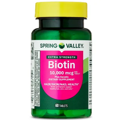Spring Valley Extra Strength Biotin Plus Keratin Dietary Supplement Tablets for Hair/Skin/Nail Health, 10,000 mcg
