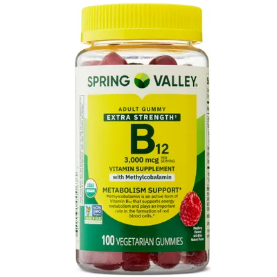 Spring Valley Extra Strength Vitamin B12 Supplement, Raspberry Flavor, 3000 mcg