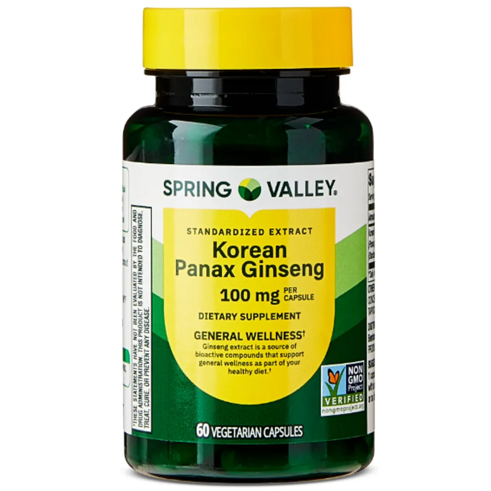 Spring Valley Standardized Extract Korean Panax Ginseng Dietary Supplement Vegetarian Capsules for General Wellness, 100 mg