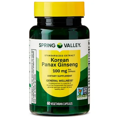 Spring Valley Standardized Extract Korean Panax Ginseng Dietary Supplement Vegetarian Capsules for General Wellness, 100 mg