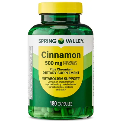 Spring Valley Cinnamon Plus Chromium Metabolism Support Dietary Supplement Capsules, 500 mg