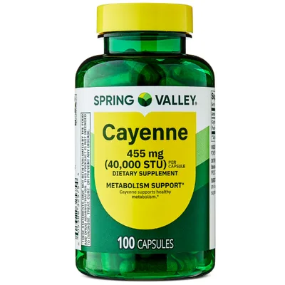 Spring Valley Cayenne Dietary Supplement Capsules for Metabolism Support, 455 mg