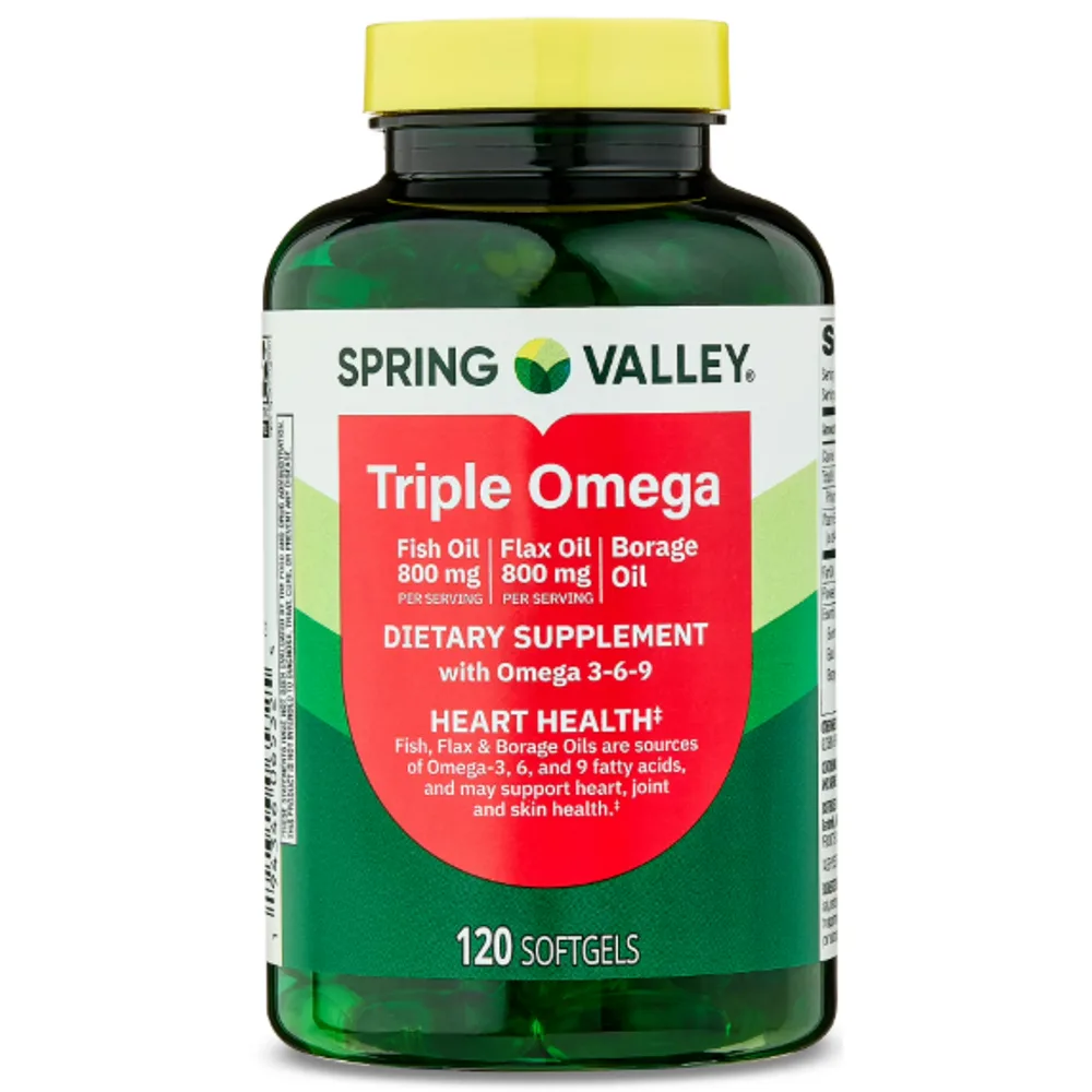 Spring Valley Triple Omega, Fish Oil 800mg, Flax Oil 800mg, and Borage Oil Softgels, Heart Health Dietary Supplemen