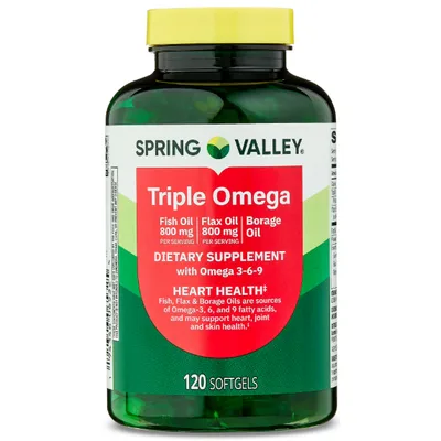 Spring Valley Triple Omega, Fish Oil 800mg, Flax Oil 800mg, and Borage Oil Softgels, Heart Health Dietary Supplemen
