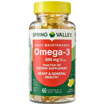 Spring Valley Daily Maintenance Omega-3 From Fish Oil Dietary Supplement Softgels for General & Heart Health, Lemon Flavor, 500 mg