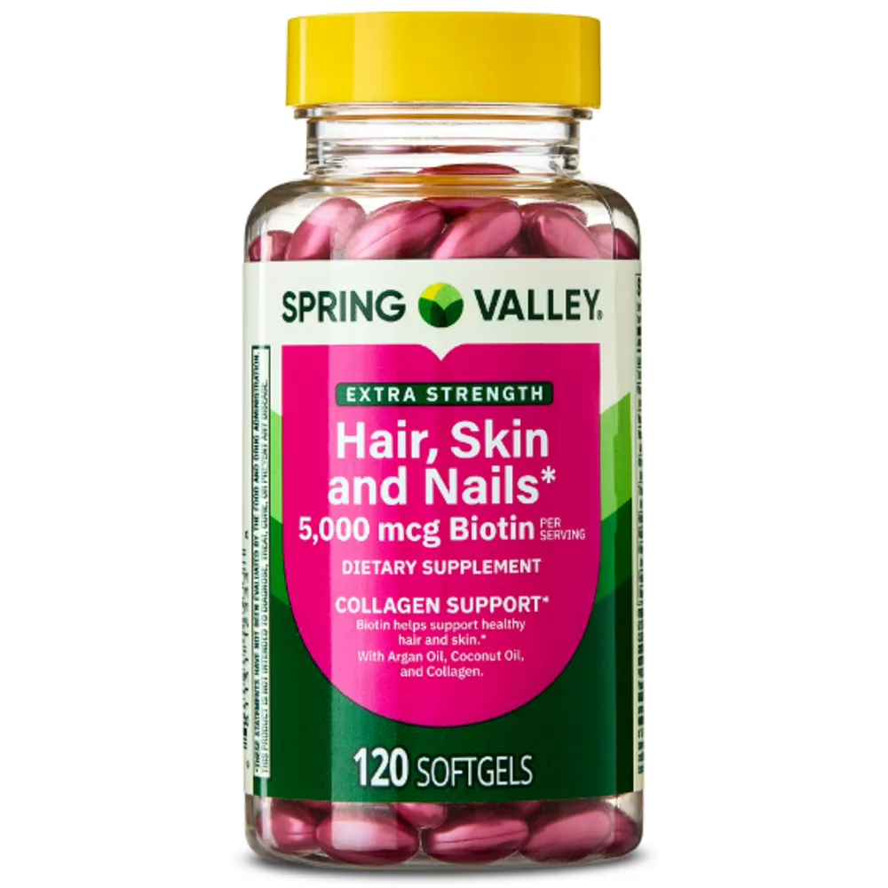 Spring Valley Extra Strength Hair Skin & Nails Collagen Support Softgels, 5000 mcg Biotin