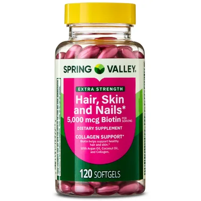 Spring Valley Extra Strength Hair Skin & Nails Collagen Support Softgels, 5000 mcg Biotin