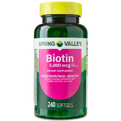 Spring Valley Biotin Dietary Supplement Softgels for Hair/Skin/Nails Health, 5,000 mcg