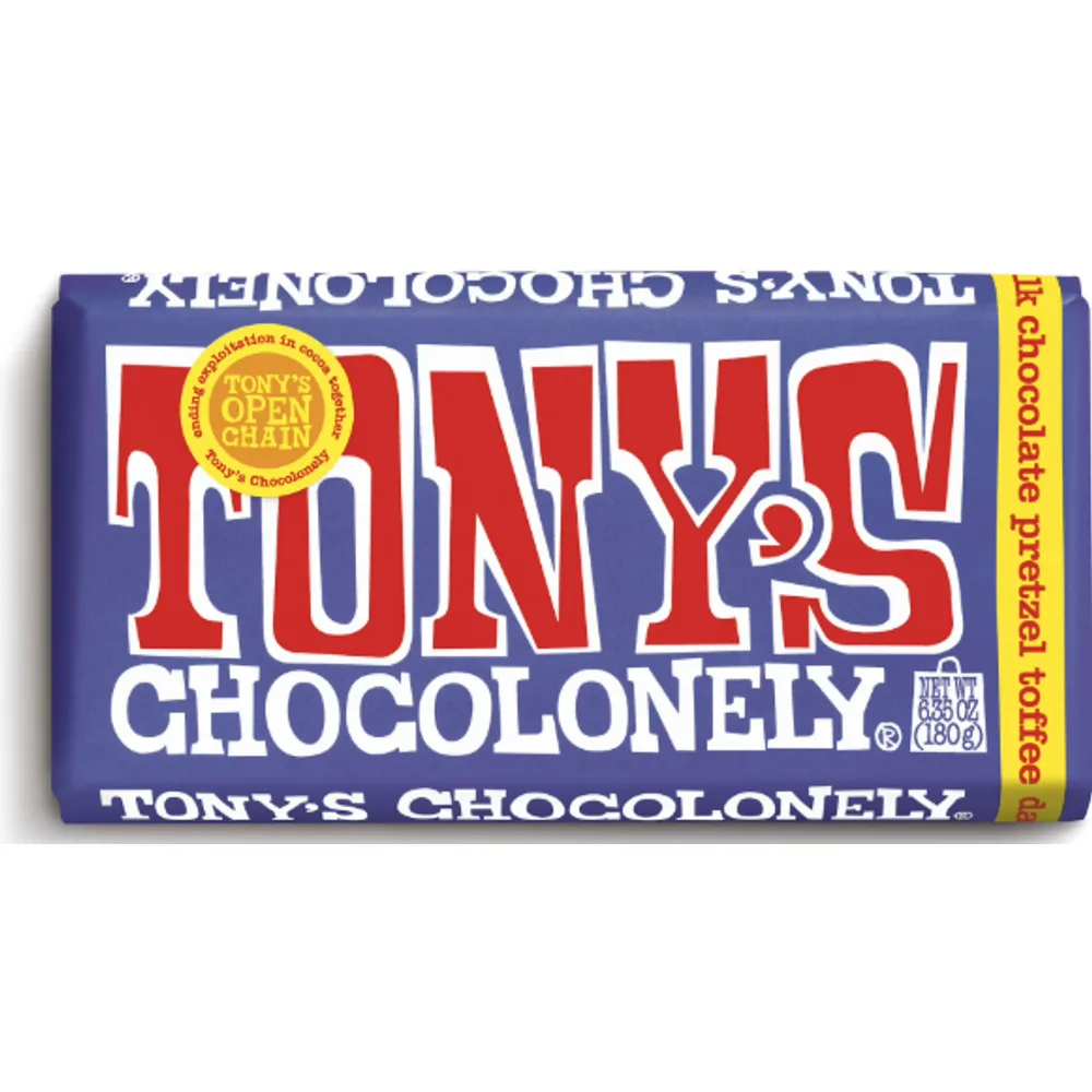 Tony's Chocolonely Dark Milk Chocolate Bar with Pretzel and Toffee
