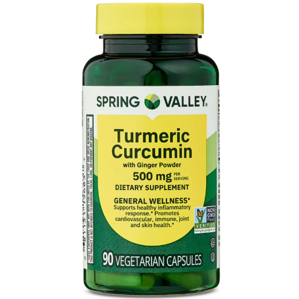 Spring Valley Turmeric Curcumin with Ginger Powder Dietary Supplement Vegetarian Capsules for General Wellness, 500 mg,