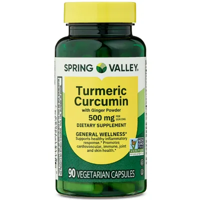 Spring Valley Turmeric Curcumin with Ginger Powder Dietary Supplement Vegetarian Capsules for General Wellness, 500 mg,