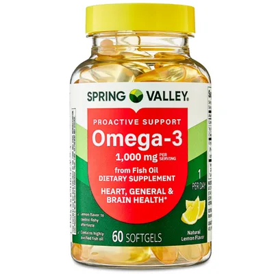 Spring Valley Proactive Support Omega-3 Fish Oil Dietary Supplement Softgels for Heart/General/Brain Health, 1000 mg