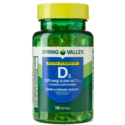 Spring Valley Extra Strength Vitamin D3 Softgels, 125 mcg (5000 IU)