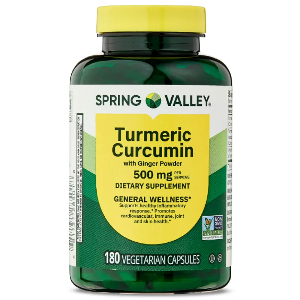 Spring Valley Turmeric Curcumin with Ginger Powder Dietary Supplement Vegetarian Capsules for General Wellness, 500 mg