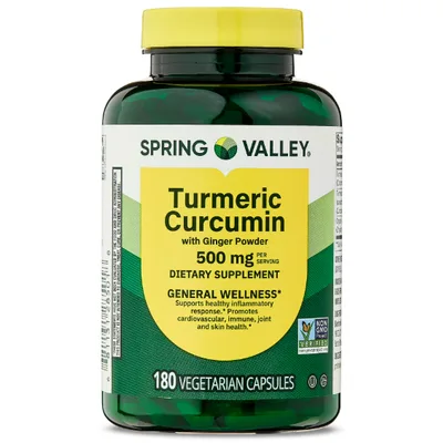 Spring Valley Turmeric Curcumin with Ginger Powder Dietary Supplement Vegetarian Capsules for General Wellness, 500 mg