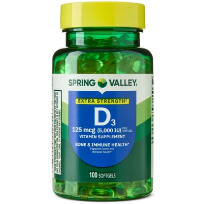 Spring Valley Extra Strength Vitamin D3 Softgels, 125 mcg (5000 IU)