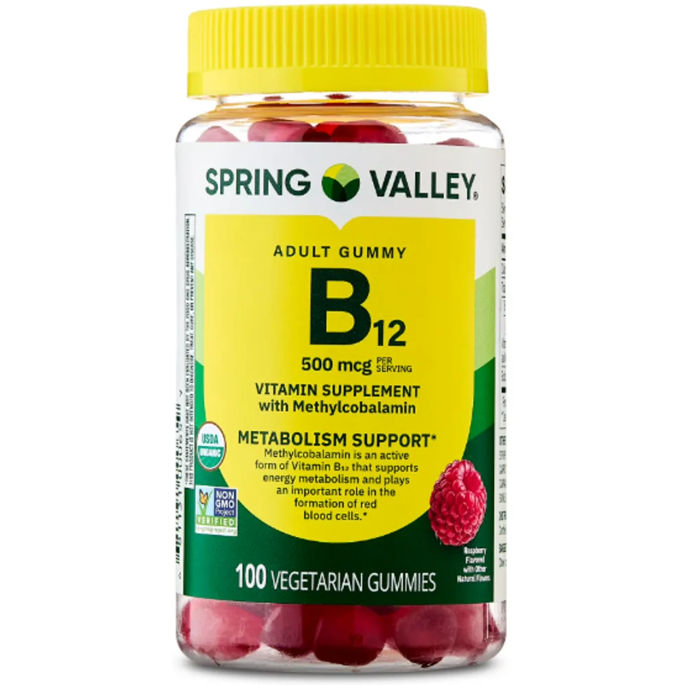 Spring Valley Vitamin B12 Supplement Vegetarian Gummies for Metabolism Support, Raspberry Flavor, 500 mcg