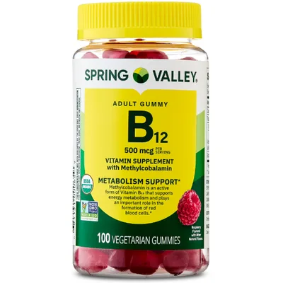 Spring Valley Vitamin B12 Supplement Vegetarian Gummies for Metabolism Support, Raspberry Flavor, 500 mcg