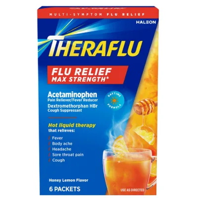 Theraflu Max Strength Cough Cold and Flu Daytime Relief Medicine Powder, Honey Lemon Flavored, 6 Count