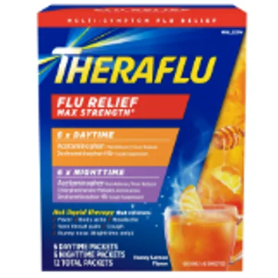 Theraflu Severe Cough Cold and Flu Nighttime Relief Medicine Powder, White Tea and Honey Lemon, 6 Count
