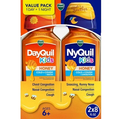 Vicks DayQuil and NyQuil Kids Cold and Cough Liquid, Cold Medicine for Children, Honey